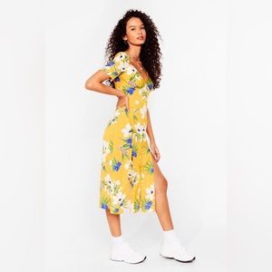 🌸🌺🌷Nasty Gal Yellow Floral Puff Sleeve Summer Midi Dress 🌸🌺🌷